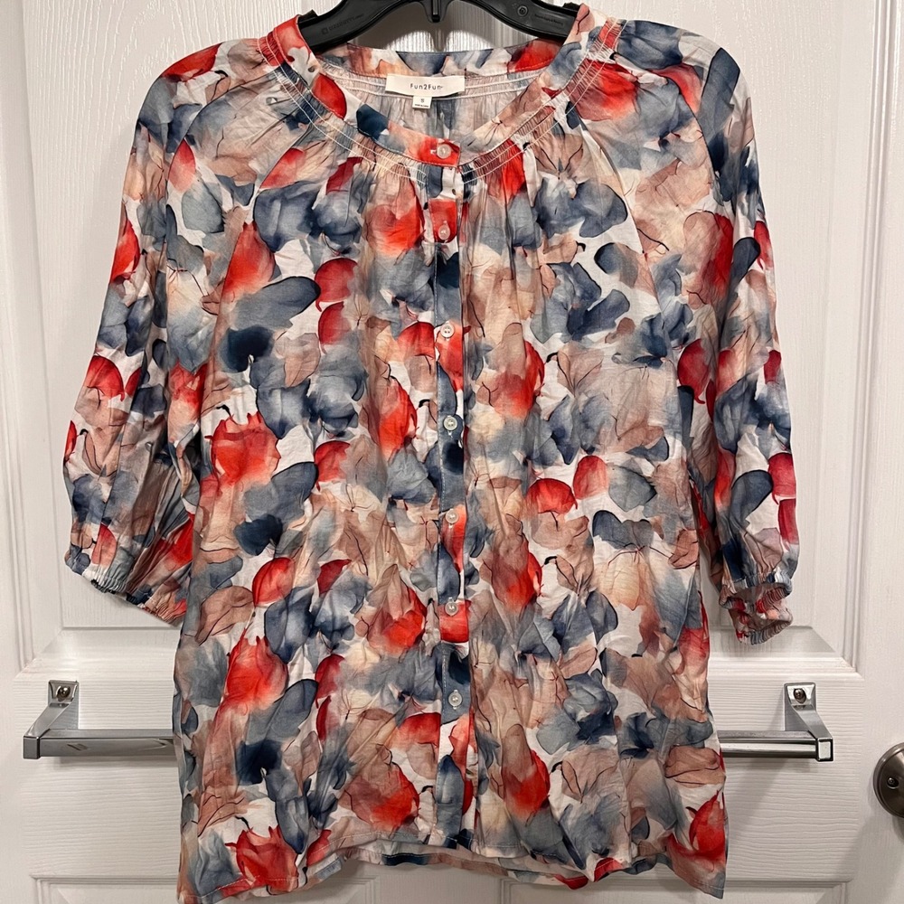 Fun2Fun Women Floral Smocked Button Down Blouse Red Blue S FT67220S